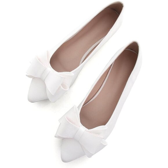 Shoes - Women's White Bowknot Ballet Flats Pointy Toe Casual Flat Shoes Suede